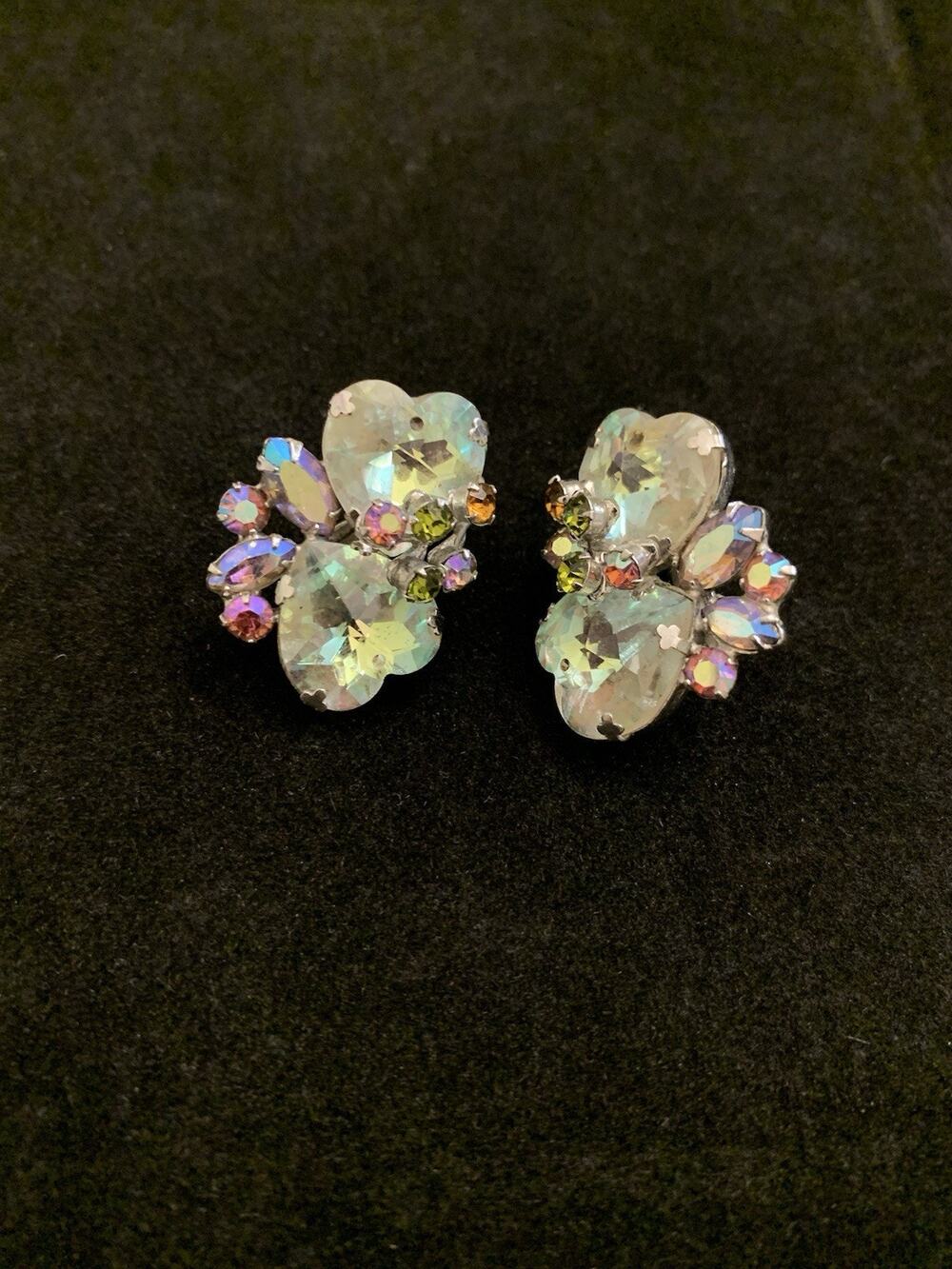 Vendome Vintage Heart‎ Crystal Aurora Borealis Clip On Earrings Silver Tone